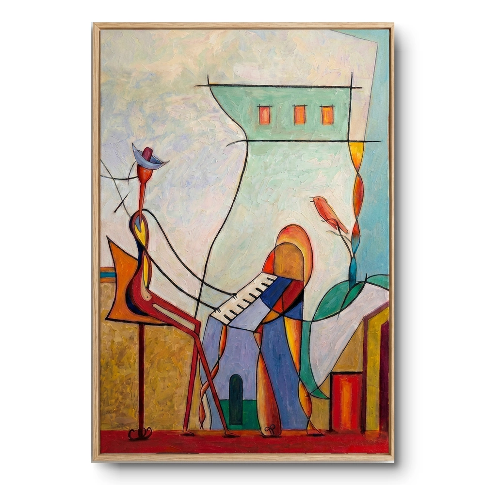 Cubist painting of a musician at a keyboard with a bird on a stem nearby, natural wood frame