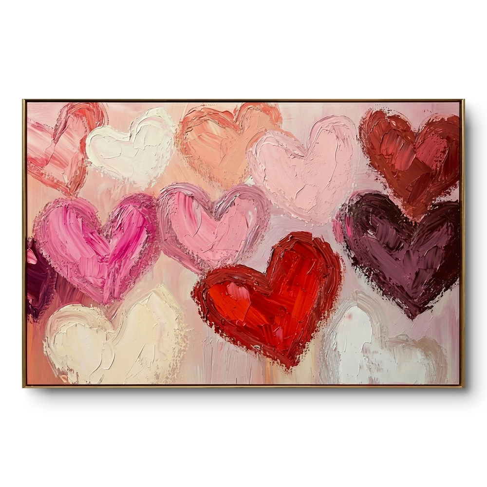 Textured painting of a dozen overlapping pink, red and white heart shapes, gold thin frame