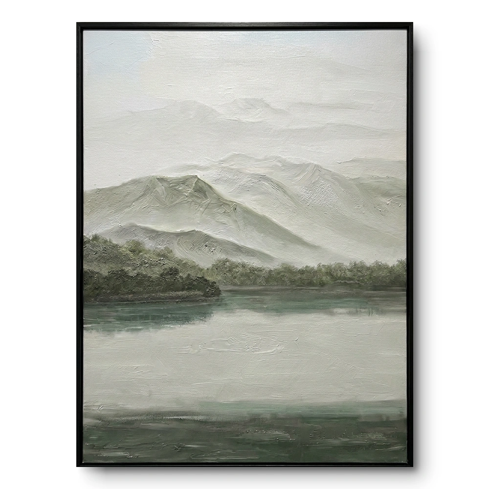 Realist minimalist painting of mountains reflected in a still pale-green lake, black frame