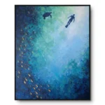 Sapphire Dive Diver turtle in deep blue abstract art wall decor
