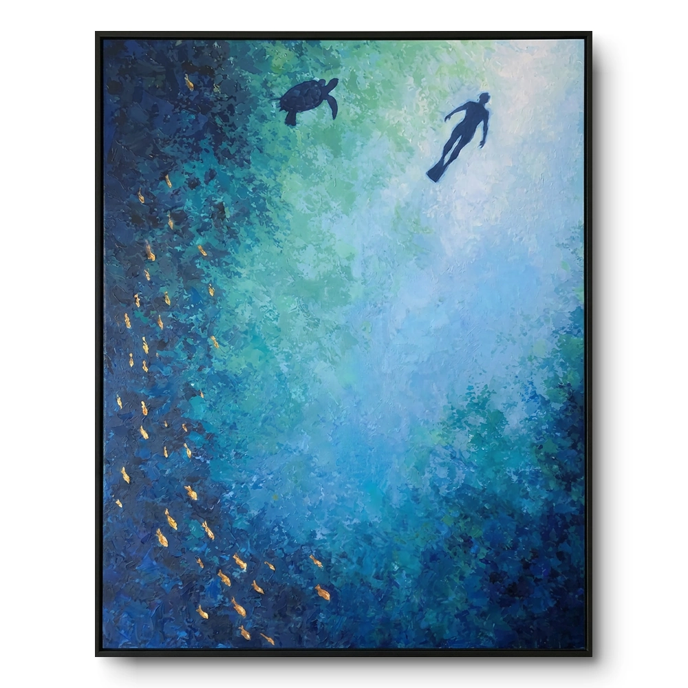 sapphire-dive-diver-turtle-in-deep-blue-abstract-art-wall-decor Sapphire Dive Diver turtle in deep blue abstract art wall decor - Image 1