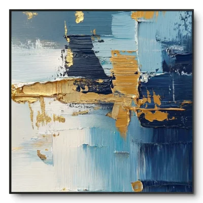 Abstract textured painting of blue and navy blocks with gold drip accents, black frame