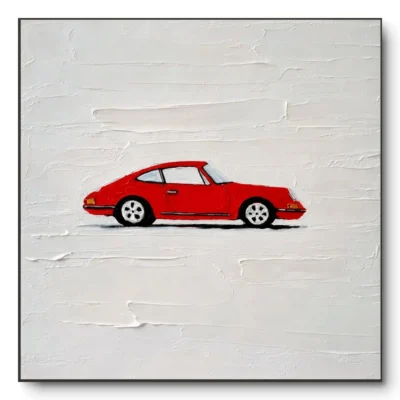 Hand-painted minimalist artwork of a small red vintage car on a textured off-white plaster background, thin dark frame