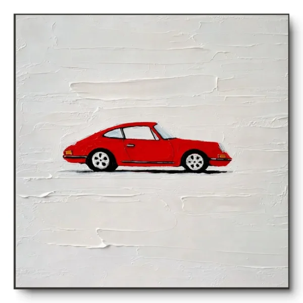 Hand-painted minimalist artwork of a small red vintage car on a textured off-white plaster background, thin dark frame
