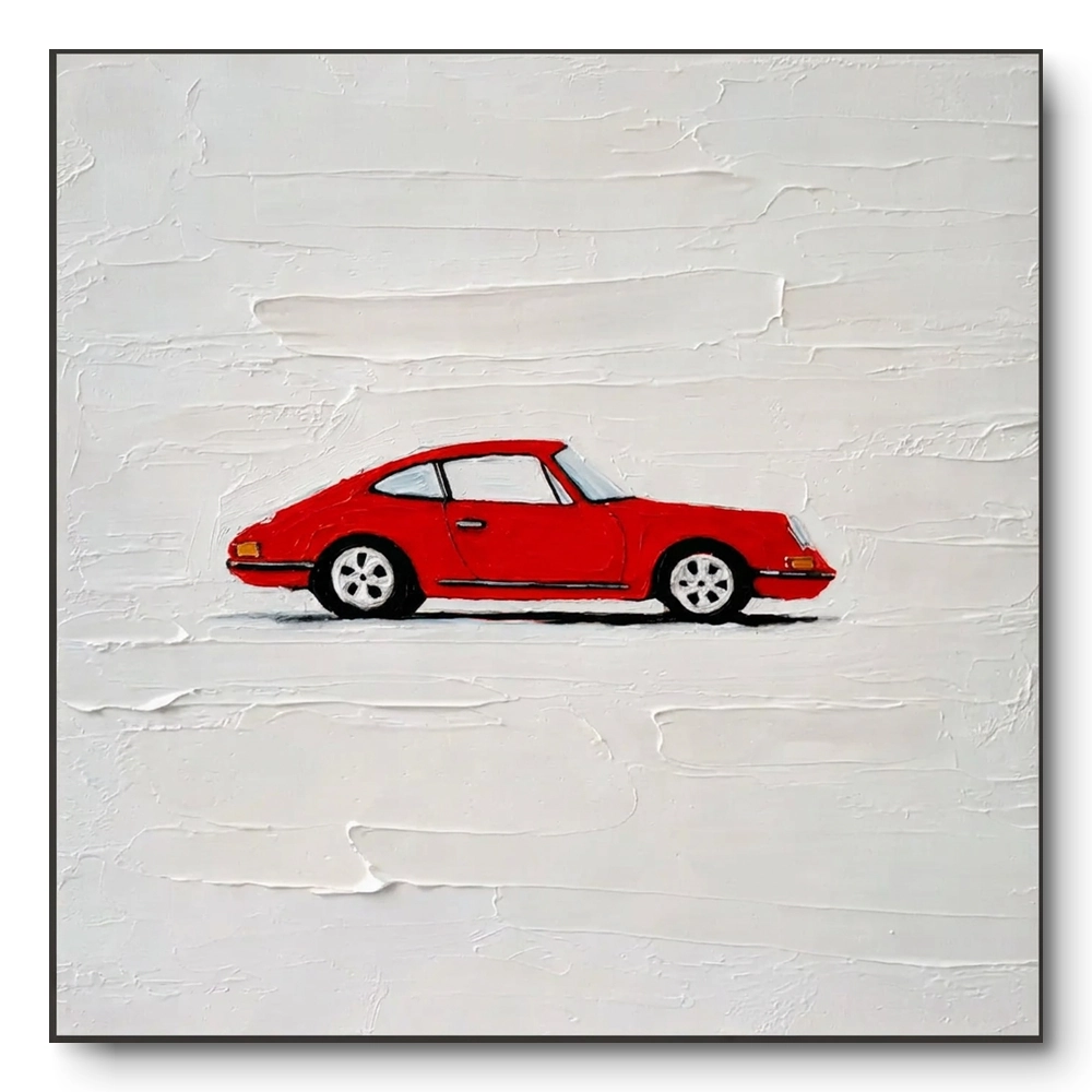 scarlet-motion-minimalist-red-sports-car-abstract-wall-art Hand-painted minimalist artwork of a small red vintage car on a textured off-white plaster background, thin dark frame