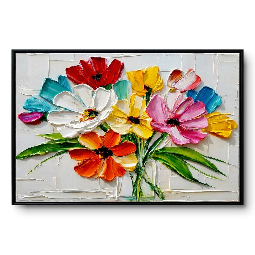Textured painting of a colourful flower bouquet in a glass vase against cream, black frame