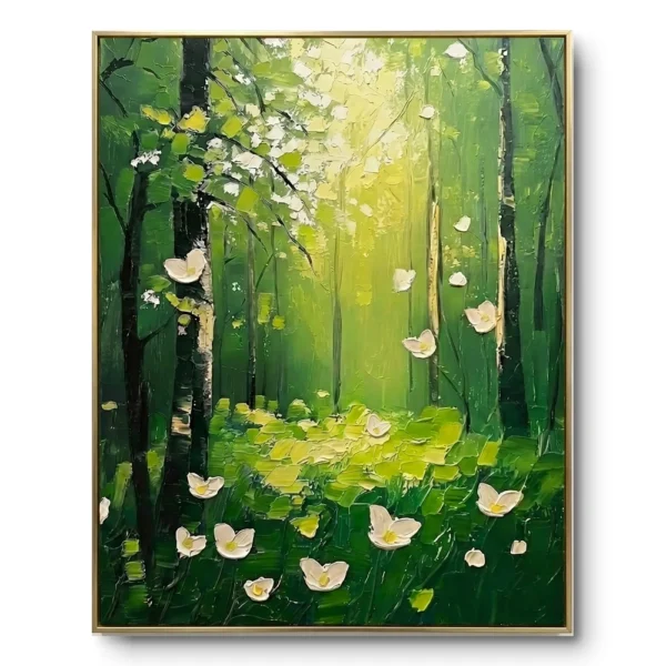 Textured painting of small white flowers falling through a green birch forest with golden light, gold thin frame