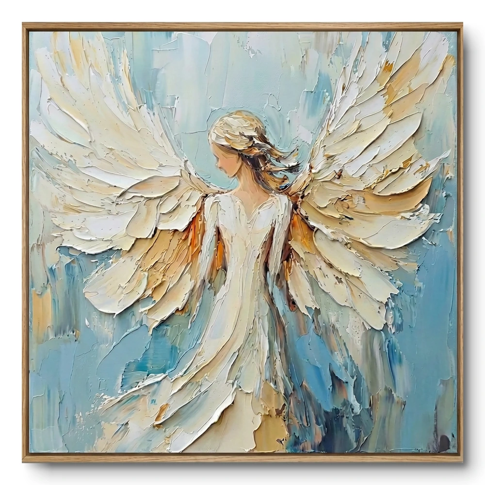 Textured painting of an angel figure in profile with blonde hair and gold-cream feathered wings, light wood frame