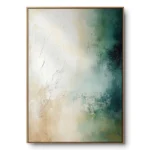 Textured gradient painting moving from cream-beige to deep teal-green, natural wood frame