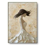 Hand-painted impasto portrait of a woman's windblown silhouette in raised ivory and cream tones, thin gold frame