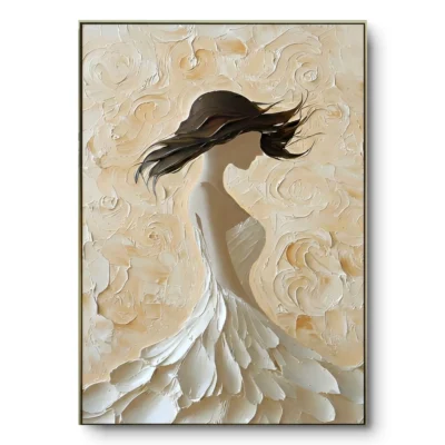Hand-painted impasto portrait of a woman's windblown silhouette in raised ivory and cream tones, thin gold frame