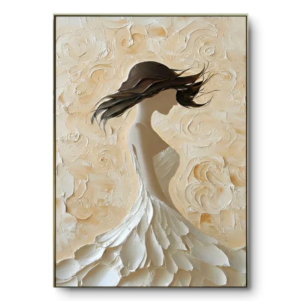 Hand-painted impasto portrait of a woman's windblown silhouette in raised ivory and cream tones, thin gold frame
