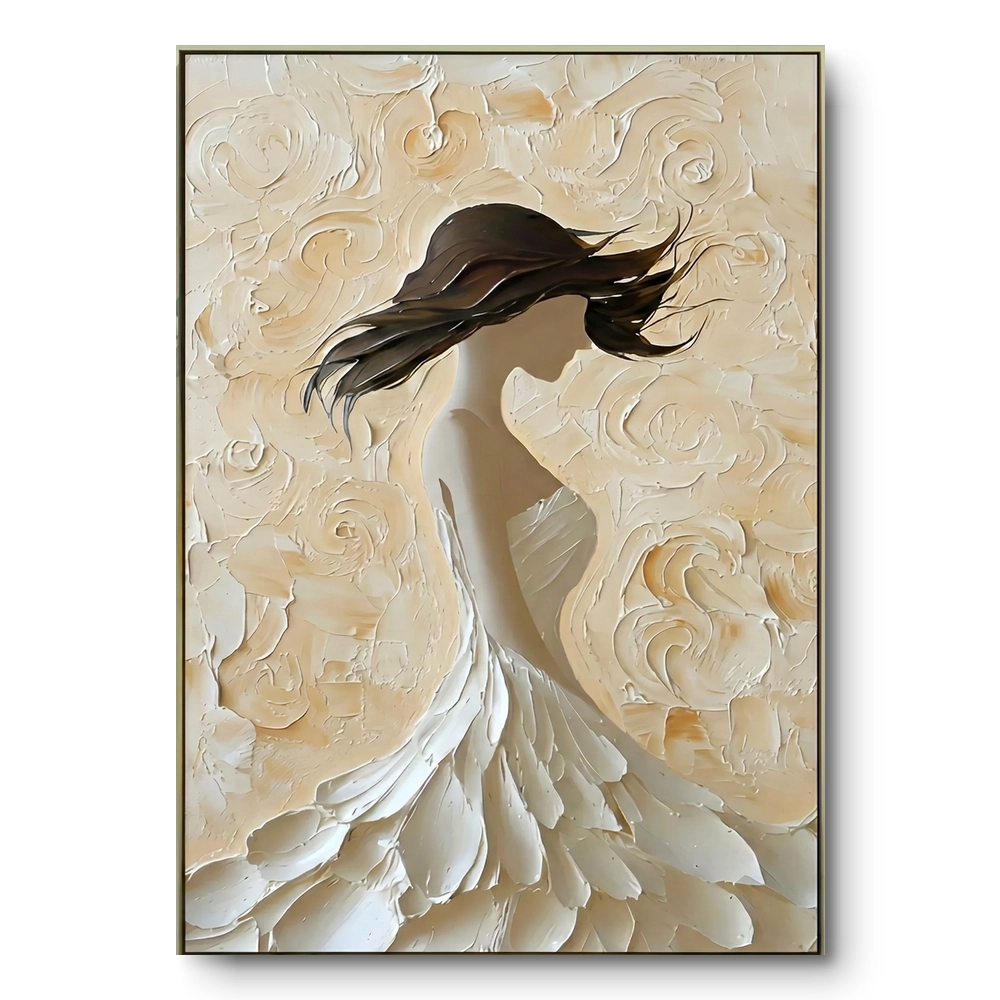serene-impasto-flow-neutral-palette-knife-woman-art-minimal-wall-art Hand-painted impasto portrait of a woman's windblown silhouette in raised ivory and cream tones, thin gold frame