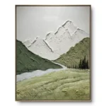 Textured painting of white mountain peaks above green foothills with a blue-grey lake, natural wood frame