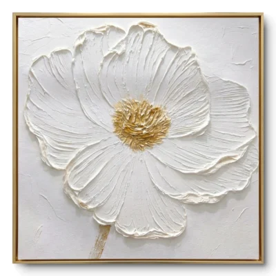 Plaster relief of a large single white flower bloom with a gold-tinted centre, gold thin frame