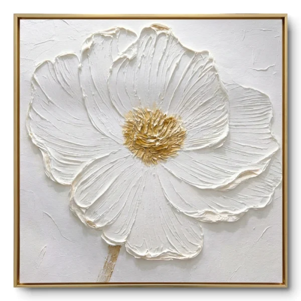 Plaster relief of a large single white flower bloom with a gold-tinted centre, gold thin frame