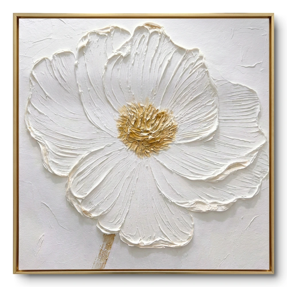 Plaster relief of a large single white flower bloom with a gold-tinted centre, gold thin frame