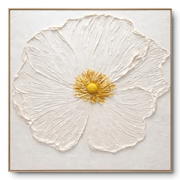 Hand-sculpted plaster relief artwork of a large white flower with a raised gold center, thin wood frame