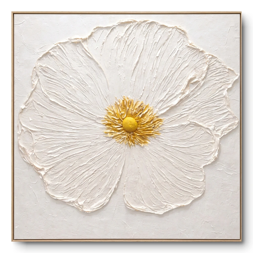 Serene White Petal Impasto floral in cream, gold. minimal wall art