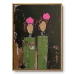 Hand-painted abstract impasto artwork of two pink blossoms on olive-green pedestal stems against a dark ground, wood frame