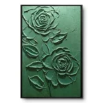 Raised monochrome sage-green relief of two roses with stems and leaves, black frame