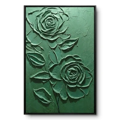 Raised monochrome sage-green relief of two roses with stems and leaves, black frame