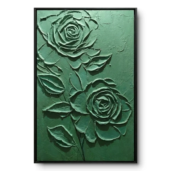 Raised monochrome sage-green relief of two roses with stems and leaves, black frame