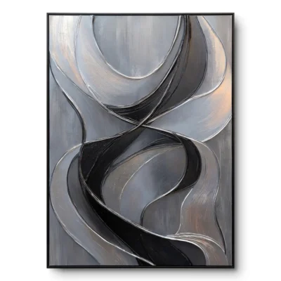 Abstract painting of flowing silver, grey, charcoal and black ribbon shapes with a metallic gradient, black frame