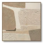 Abstract textured collage of beige, tan and cream blocks with crumpled paper-like sections, natural wood frame