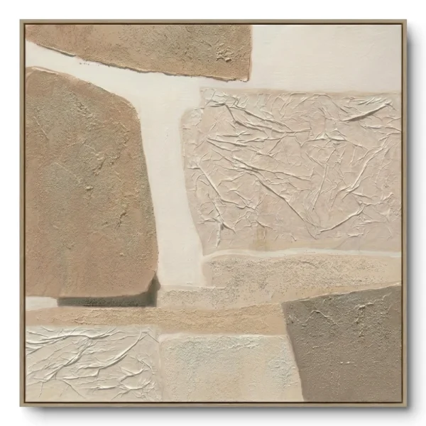 Abstract textured collage of beige, tan and cream blocks with crumpled paper-like sections, natural wood frame