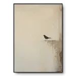 Minimalist painting of a black raven on a ledge against a warm cream-tan textured ground with drip marks, black frame