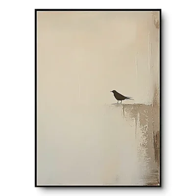 Minimalist painting of a black raven on a ledge against a warm cream-tan textured ground with drip marks, black frame