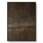 Dark textured abstract painting with a jagged horizontal fissure across a brown-black ground, black frame