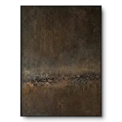 Dark textured abstract painting with a jagged horizontal fissure across a brown-black ground, black frame
