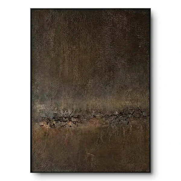 Dark textured abstract painting with a jagged horizontal fissure across a brown-black ground, black frame