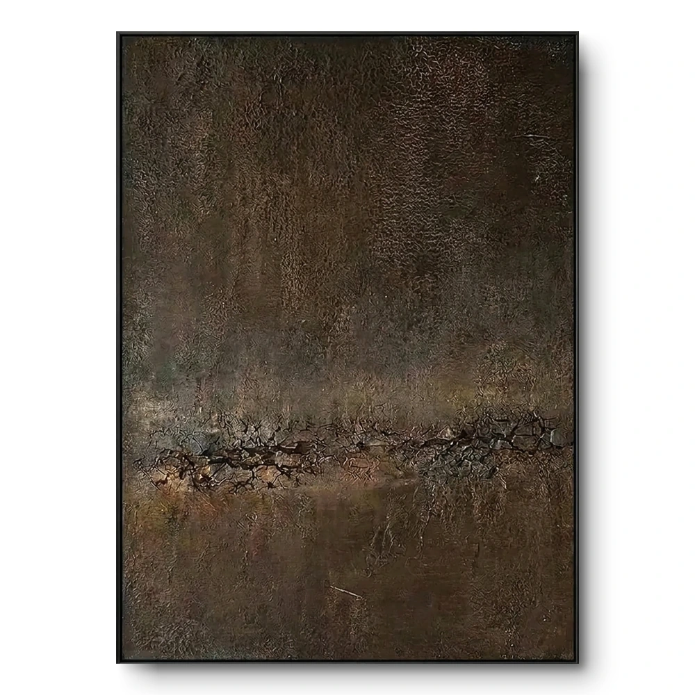 somber-terrain-dark-rugged-atmospheric-abstract-piece-abstract-art-wall-decor Dark textured abstract painting with a jagged horizontal fissure across a brown-black ground, black frame
