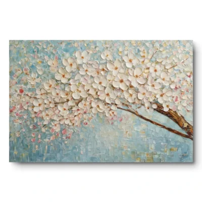 Textured painting of a cherry blossom branch against a woven-texture light blue-teal ground, raw canvas edge