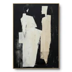 Abstract cut-paper collage of two robed figures in white and cream against black, gold thin frame