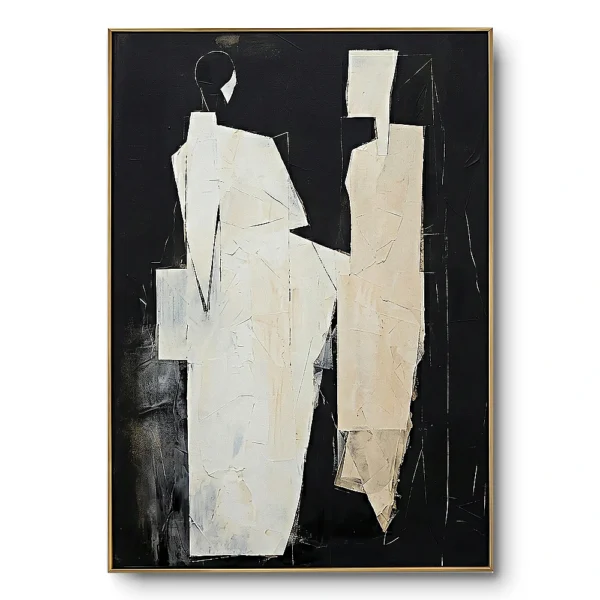 Abstract cut-paper collage of two robed figures in white and cream against black, gold thin frame