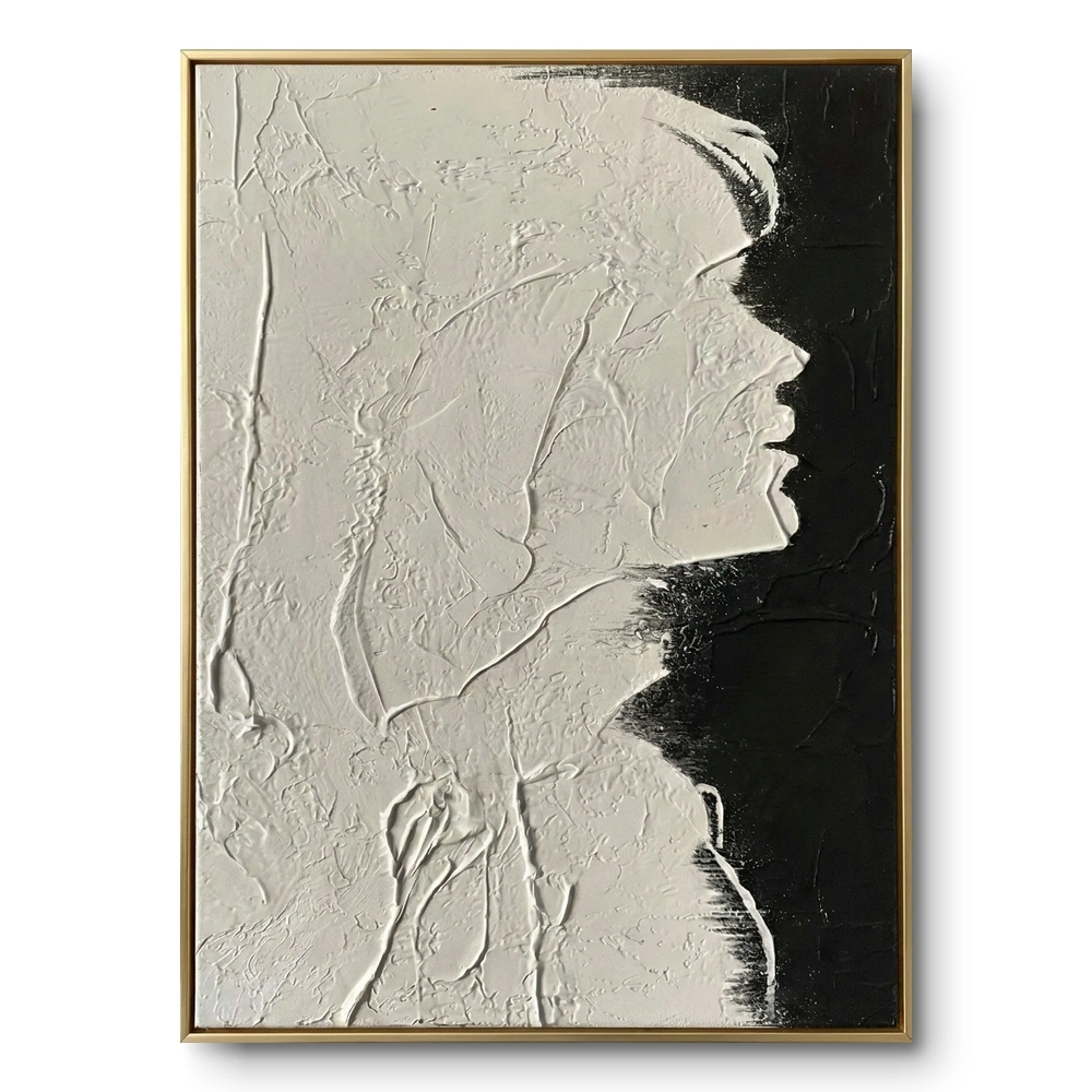 Raised white plaster-textured profile face against solid black, gold thin frame