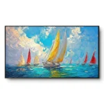Realist painting of a sailboat regatta with yellow, red and white sails on turquoise water under a dramatic sky, black frame, panoramic