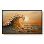Impasto amber and gold wave cresting with white foam against a streaked orange sunset sky, in a slim black floater frame.