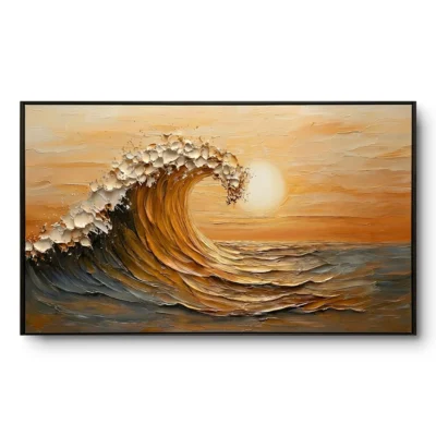 Impasto amber and gold wave cresting with white foam against a streaked orange sunset sky, in a slim black floater frame.