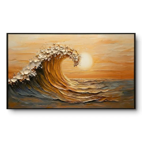 Impasto amber and gold wave cresting with white foam against a streaked orange sunset sky, in a slim black floater frame.