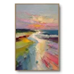 Realist painting of a white beach path leading to a turquoise ocean under a pink-yellow sunset sky, light wood frame