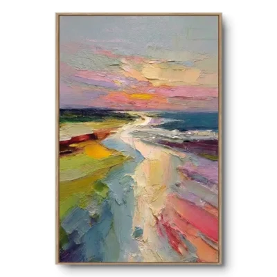 Realist painting of a white beach path leading to a turquoise ocean under a pink-yellow sunset sky, light wood frame