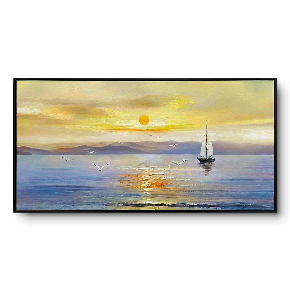 Realist painting of a single sailboat under a warm yellow-gold sunset sky with mountains and seagulls, black frame, panoramic