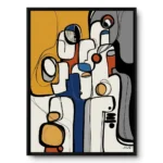 Line-art painting of abstract overlapping figures in mustard, grey, blue and orange blocks, black frame
