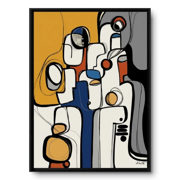 Line-art painting of abstract overlapping figures in mustard, grey, blue and orange blocks, black frame