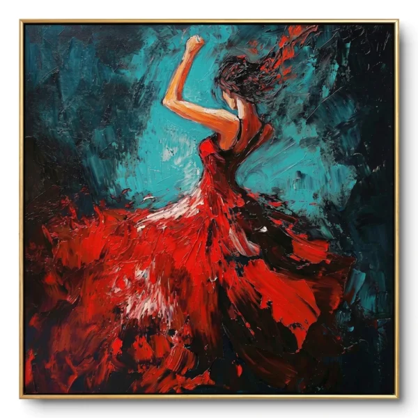 Crimson-gowned dancer in thick impasto strokes arcing against a swirling teal-grey background, framed in a slim gold floater frame.